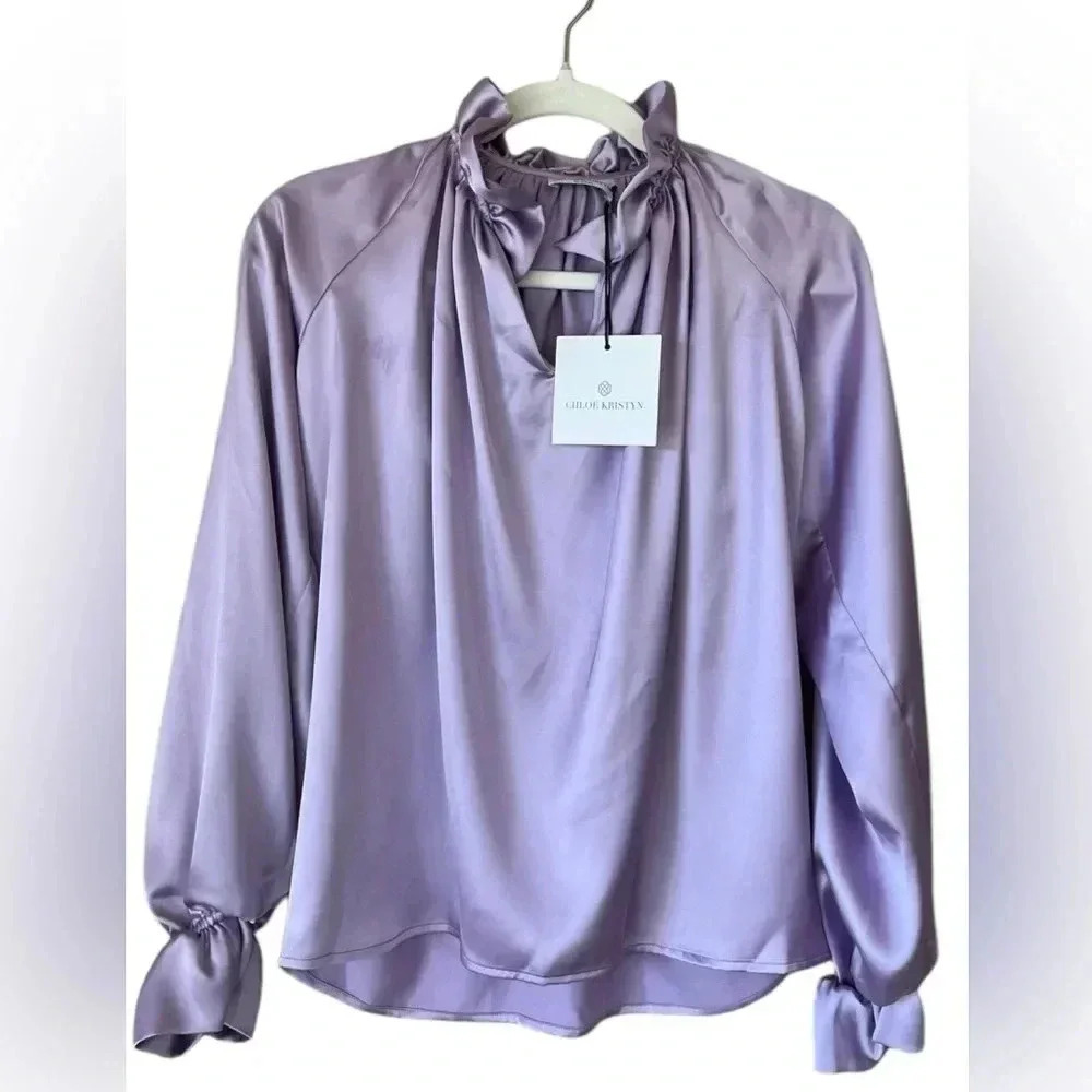 Chloe Kristyn Satin Zoe Blouse Women's Ruffle Balloon Sleeve Peasant Purple XXS